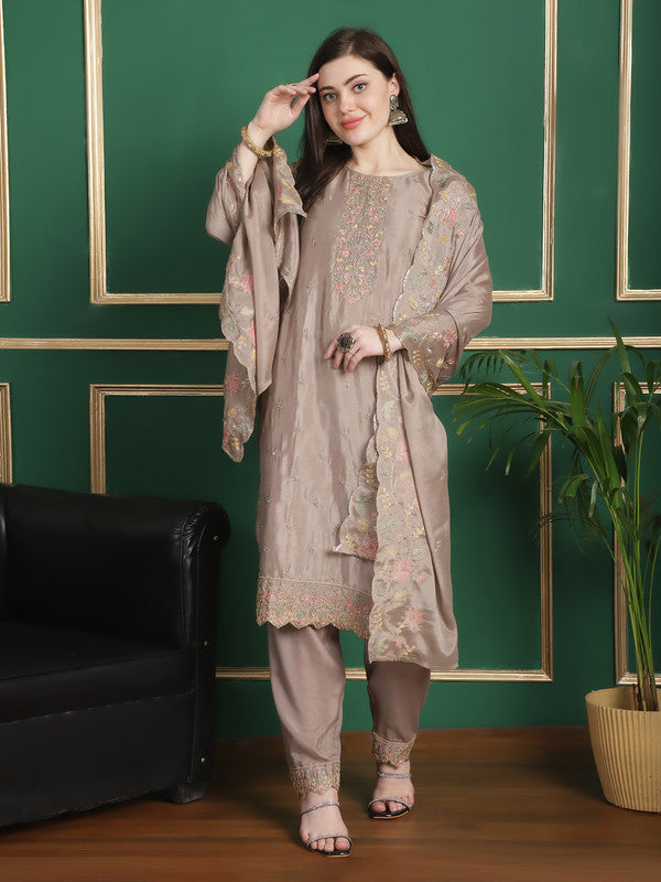 Jyoti Fashion Women's Beige Chinon Chiffon Floral Embroidery with Cording & Crystal Work Designer Straight Suit Set