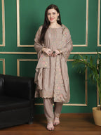 Jyoti Fashion Women's Beige Chinon Chiffon Floral Embroidery with Cording & Crystal Work Designer Straight Suit Set