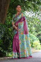 Jyoti Fashion Women's Wine Soft Tussar Silk Kalamkari Printed Designer Saree with Blouse - Distacart