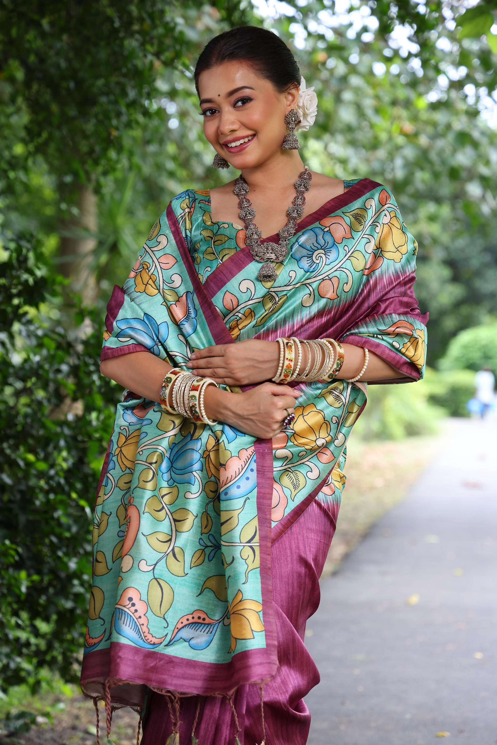 Jyoti Fashion Women's Wine Soft Tussar Silk Kalamkari Printed Designer Saree with Blouse - Distacart