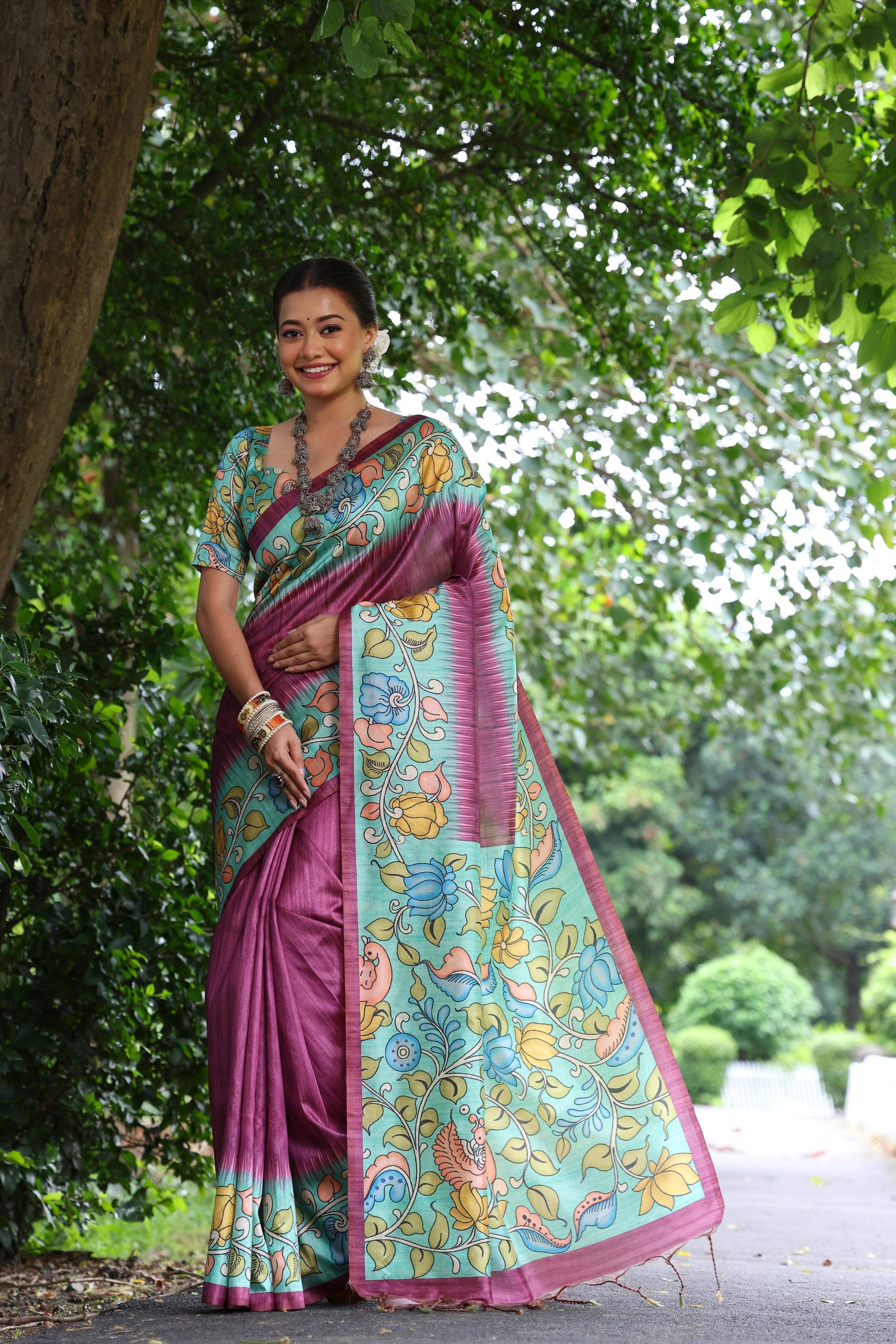 Jyoti Fashion Women's Wine Soft Tussar Silk Kalamkari Printed Designer Saree with Blouse - Distacart