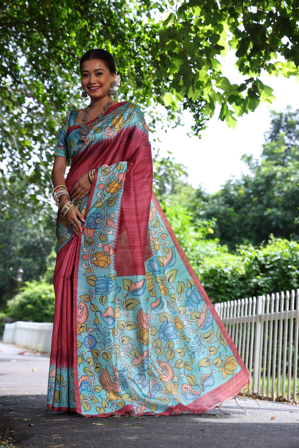 Jyoti Fashion Women's Maroon Soft Tussar Silk Kalamkari Printed Designer Saree with Blouse - Distacart