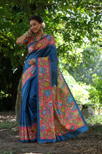 Jyoti Fashion Women's Blue Soft Tussar Silk Kalamkari Printed Designer Saree with Blouse - Distacart