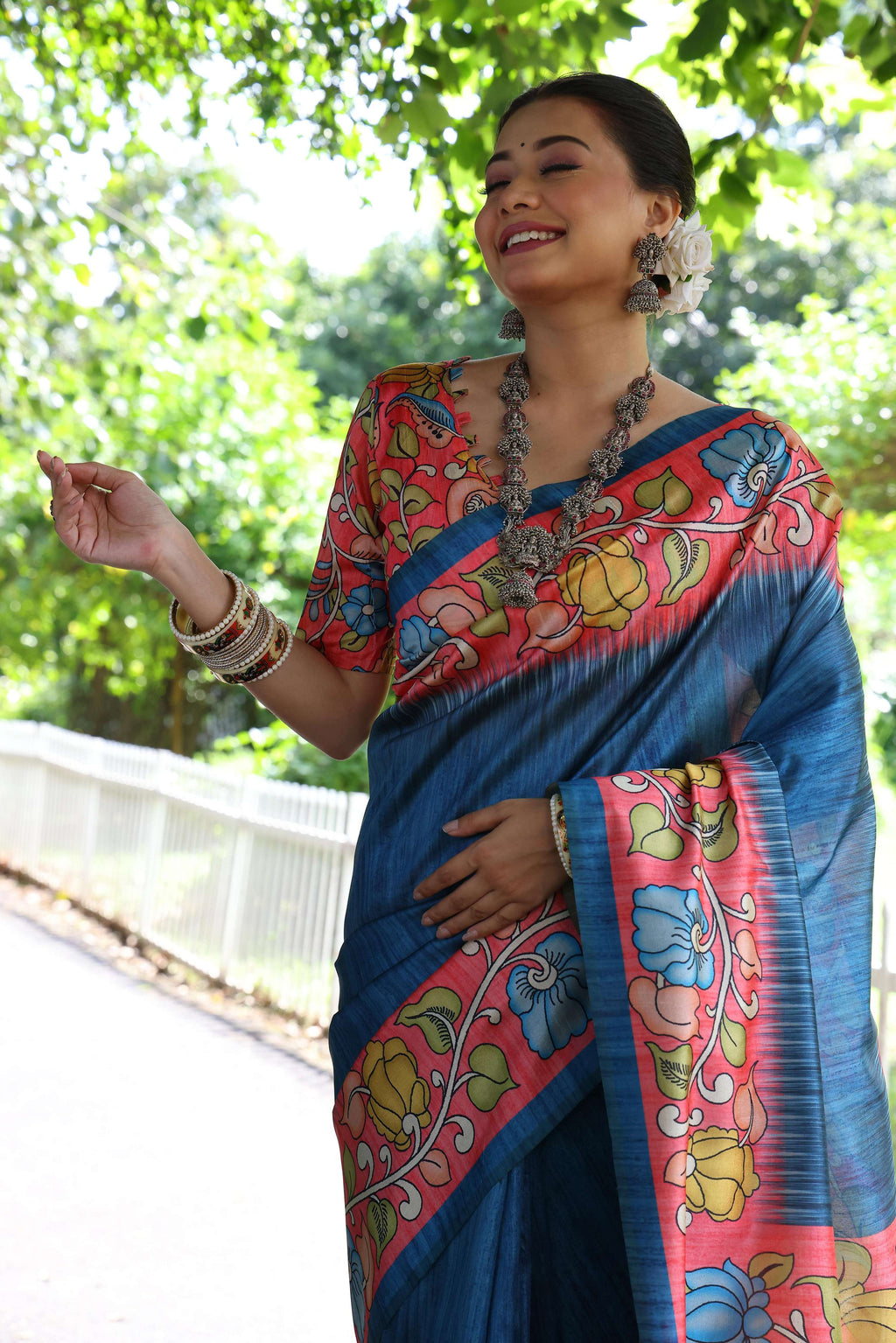 Jyoti Fashion Women's Blue Soft Tussar Silk Kalamkari Printed Designer Saree with Blouse - Distacart