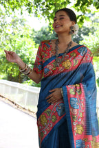 Jyoti Fashion Women's Blue Soft Tussar Silk Kalamkari Printed Designer Saree with Blouse - Distacart
