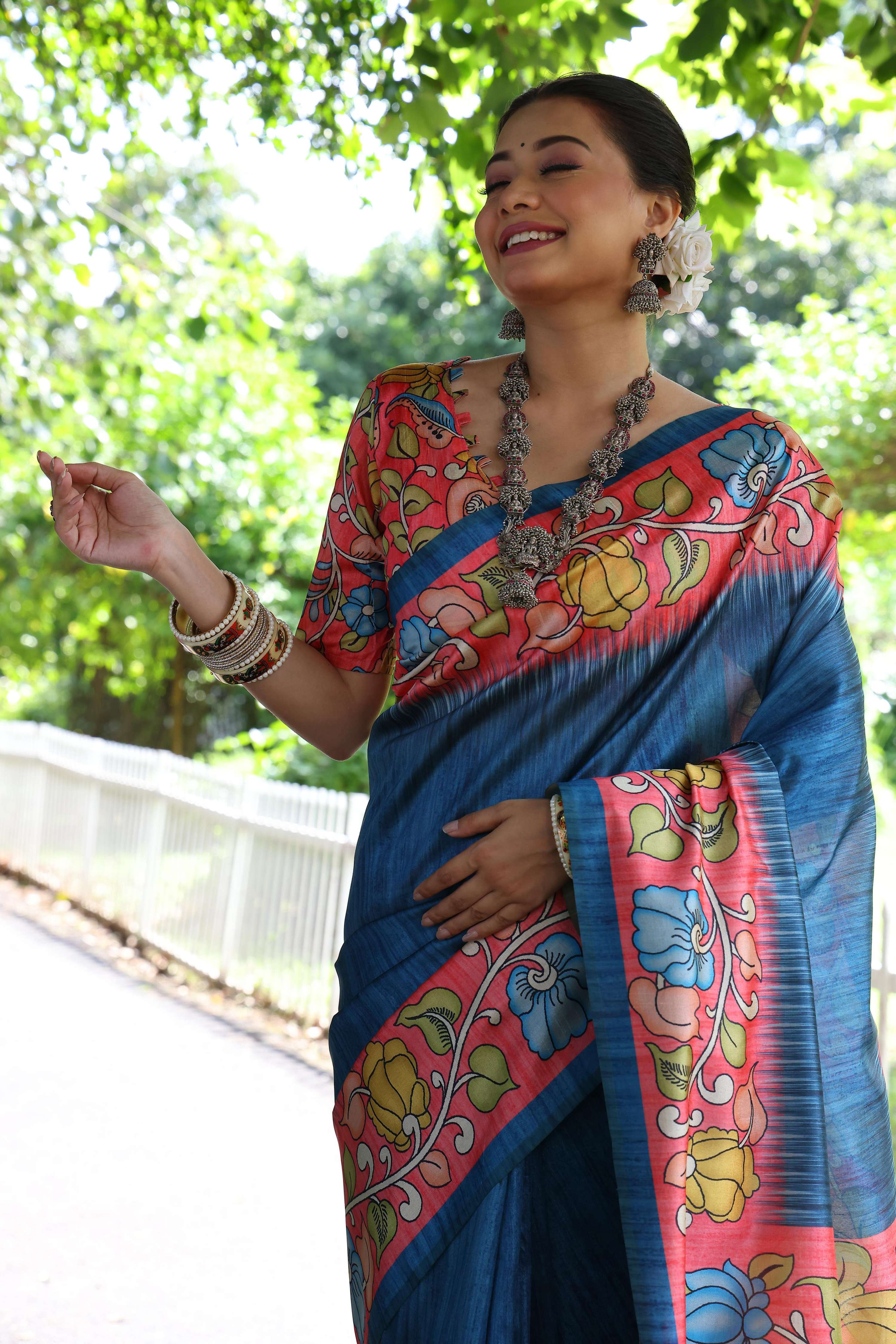 Jyoti Fashion Women's Blue Soft Tussar Silk Kalamkari Printed Designer Saree with Blouse - Distacart