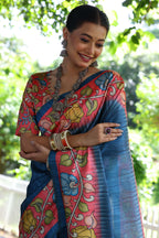 Jyoti Fashion Women's Blue Soft Tussar Silk Kalamkari Printed Designer Saree with Blouse - Distacart