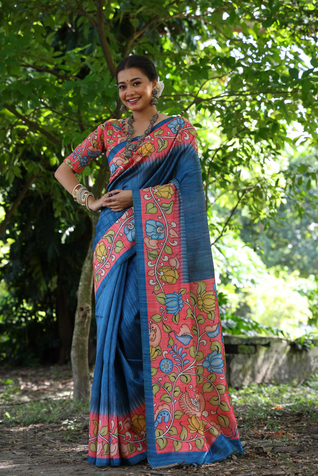 Jyoti Fashion Women's Blue Soft Tussar Silk Kalamkari Printed Designer Saree with Blouse - Distacart