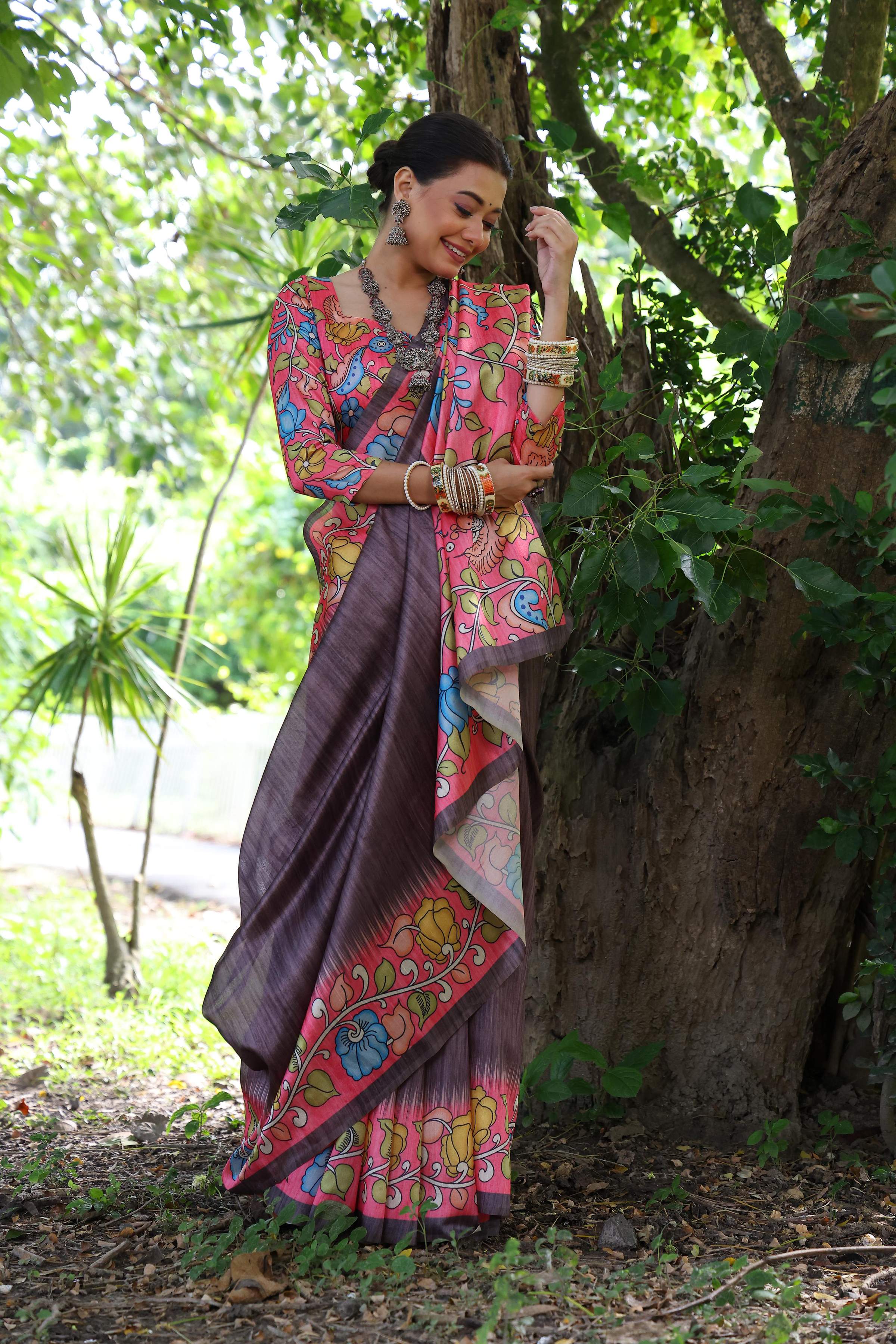 Jyoti Fashion Women's Black Soft Tussar Silk Kalamkari Printed Designer Saree with Blouse - Distacart
