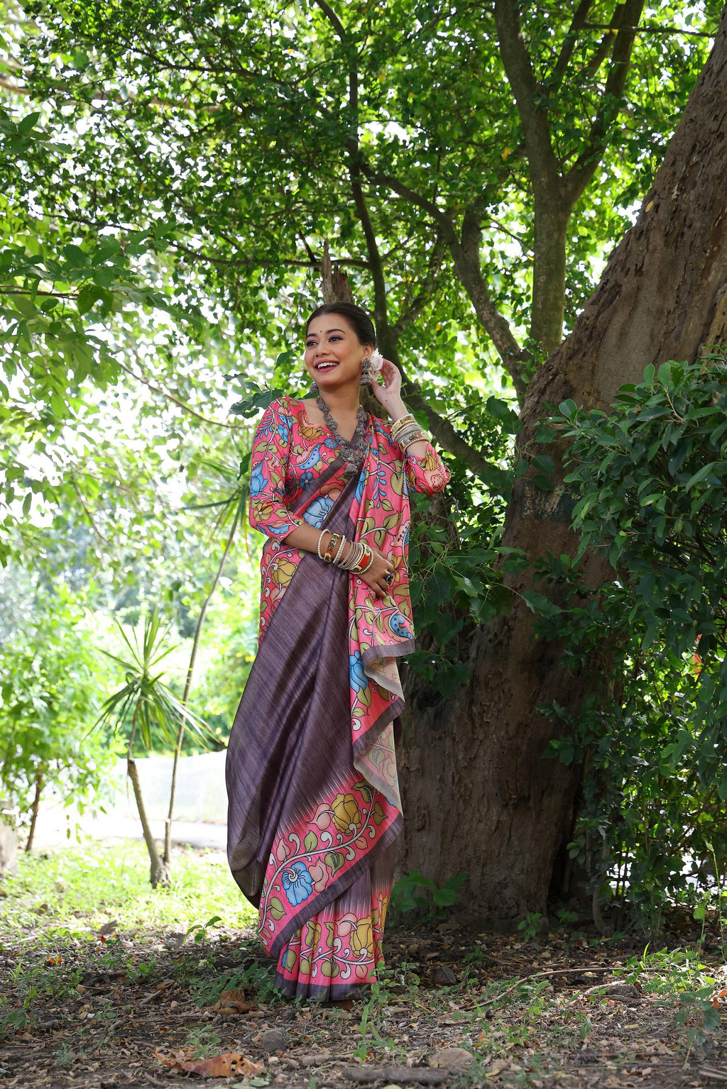 Jyoti Fashion Women's Black Soft Tussar Silk Kalamkari Printed Designer Saree with Blouse - Distacart