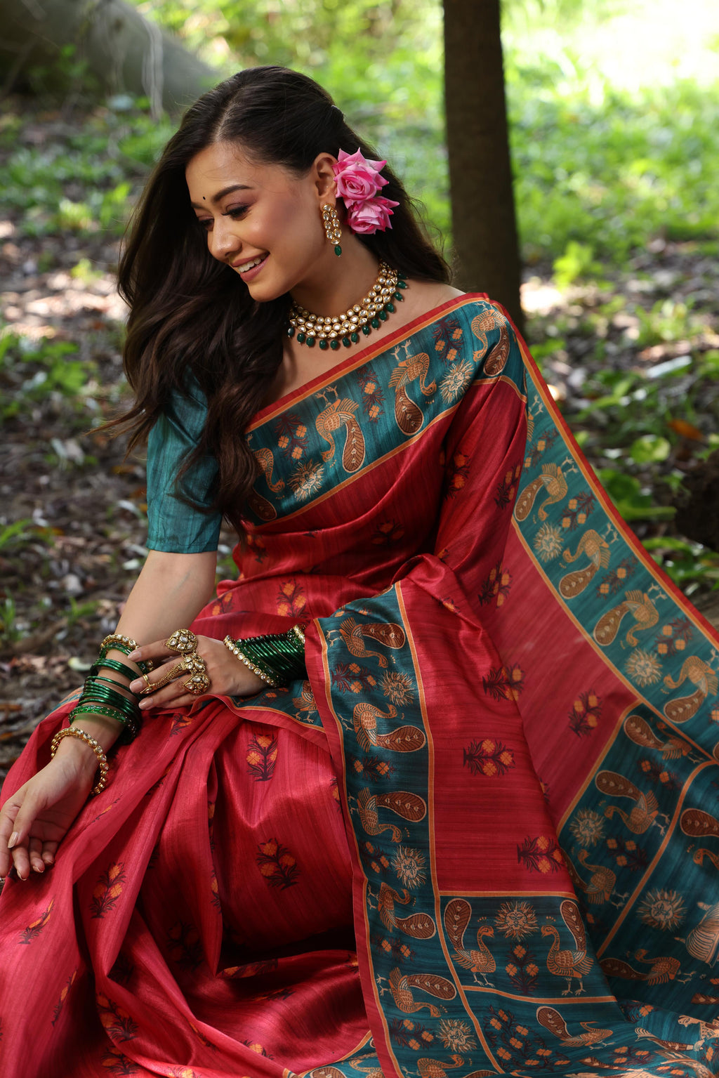 Jyoti Fashion Women's Black Soft Tussar Silk Peacock Printed Designer Saree with Blouse - Distacart