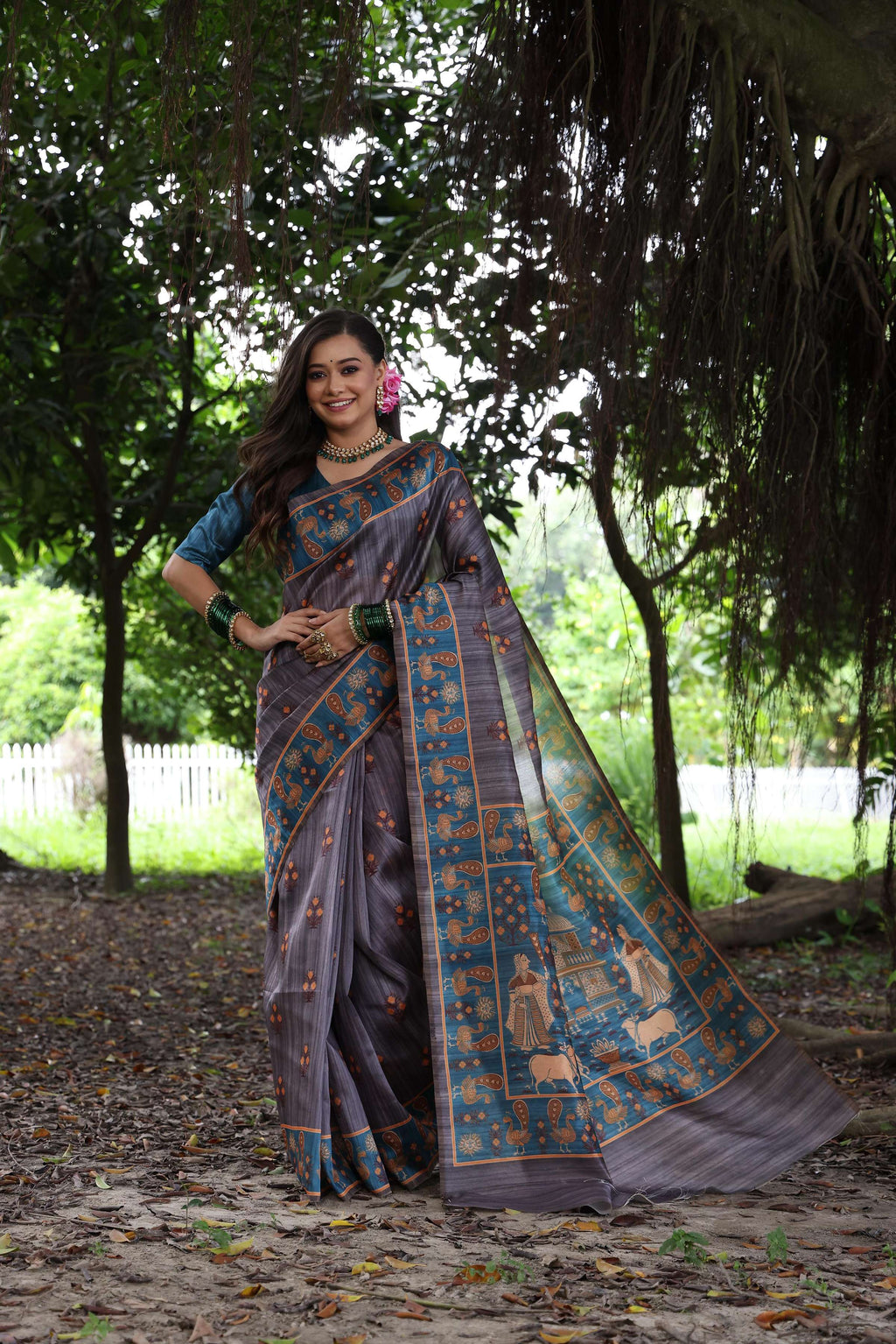 Jyoti Fashion Women's Gajri Red Soft Tussar Silk Peacock Printed Designer Saree with Blouse - Distacart