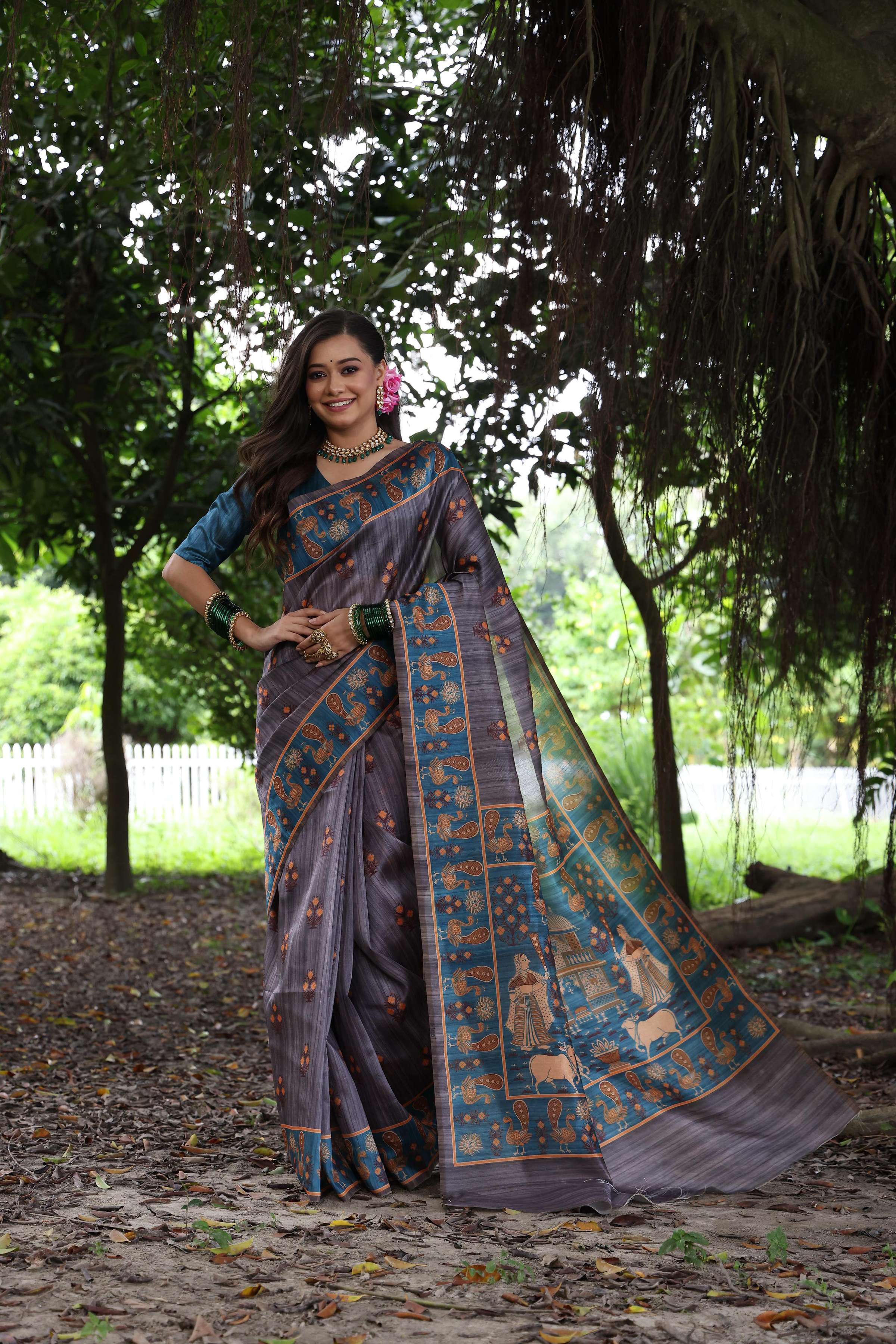 Jyoti Fashion Women's Gajri Red Soft Tussar Silk Peacock Printed Designer Saree with Blouse - Distacart