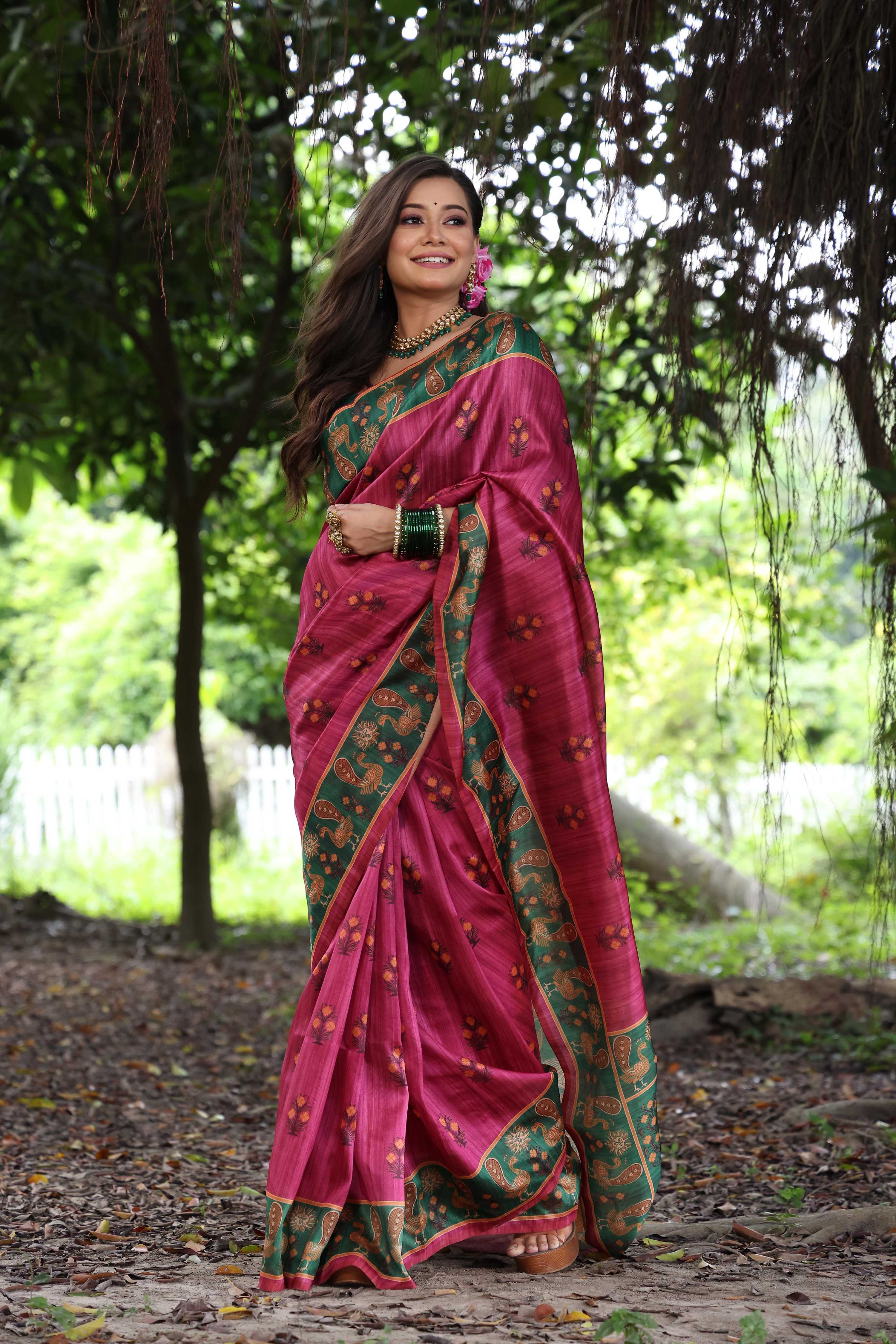 Jyoti Fashion Women's Grey Soft Tussar Silk Peacock Printed Designer Saree with Blouse - Distacart