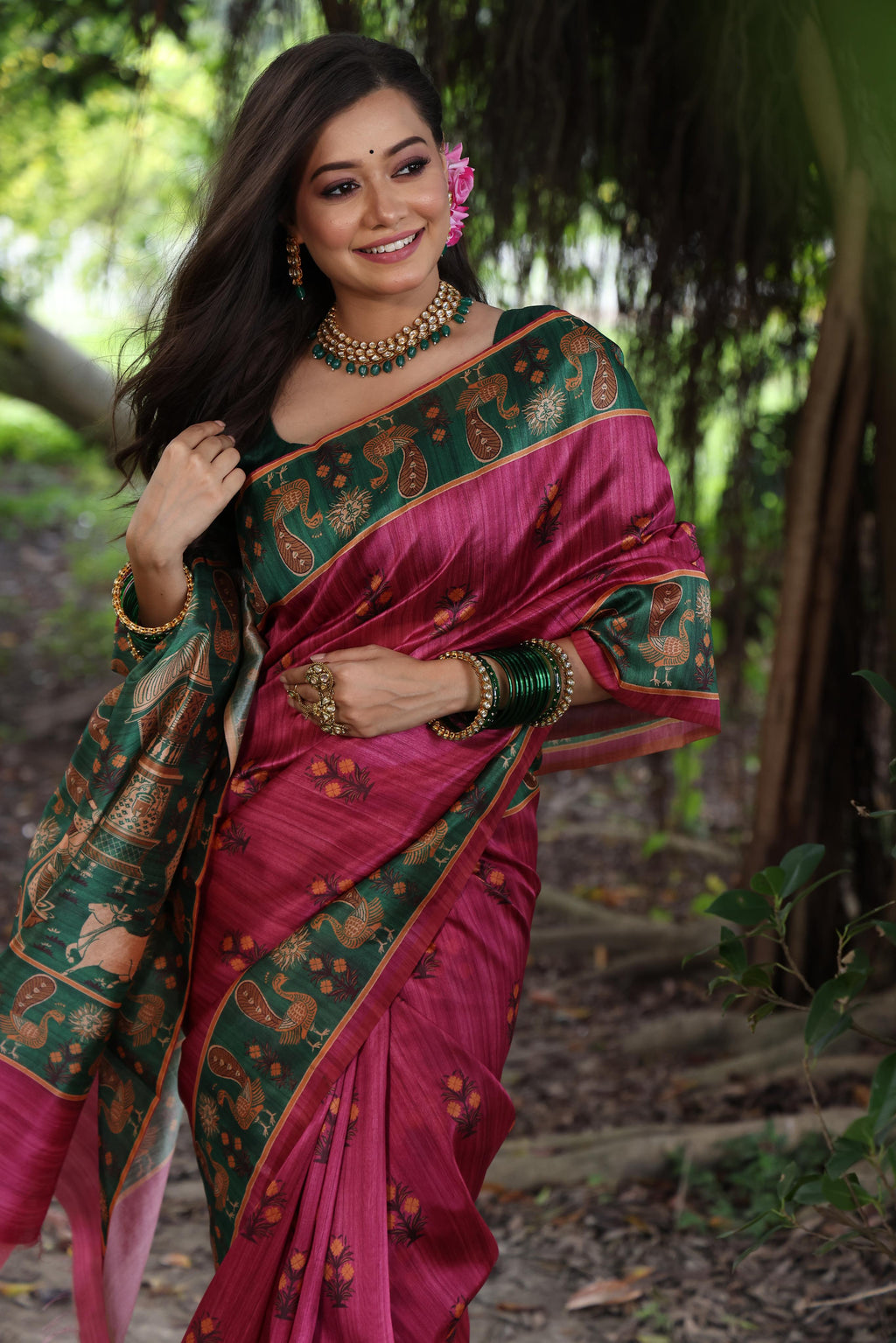 Jyoti Fashion Women's Grey Soft Tussar Silk Peacock Printed Designer Saree with Blouse - Distacart