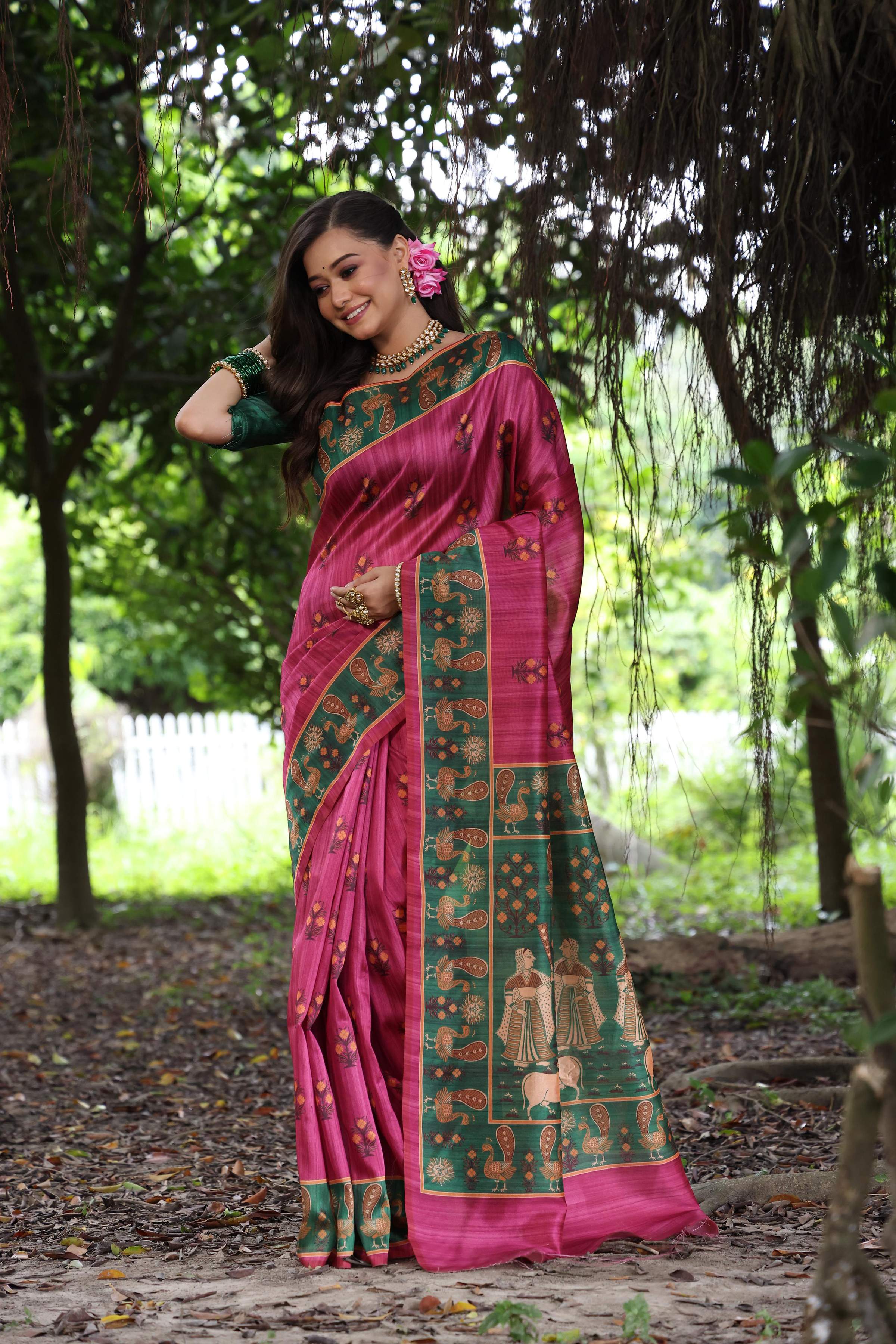 Jyoti Fashion Women's Grey Soft Tussar Silk Peacock Printed Designer Saree with Blouse - Distacart