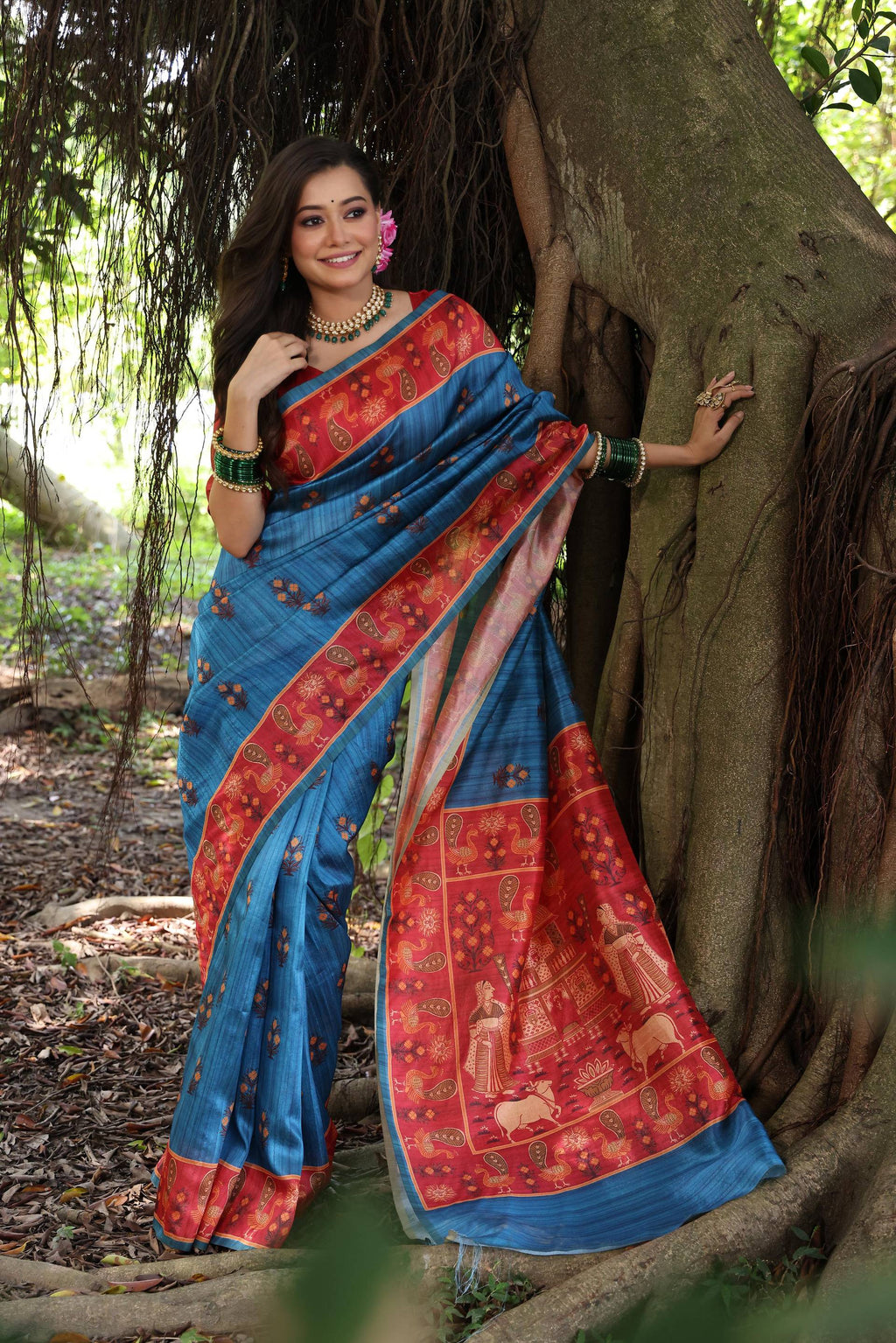Jyoti Fashion Women's Wine Soft Tussar Silk Peacock Printed Designer Saree with Blouse - Distacart