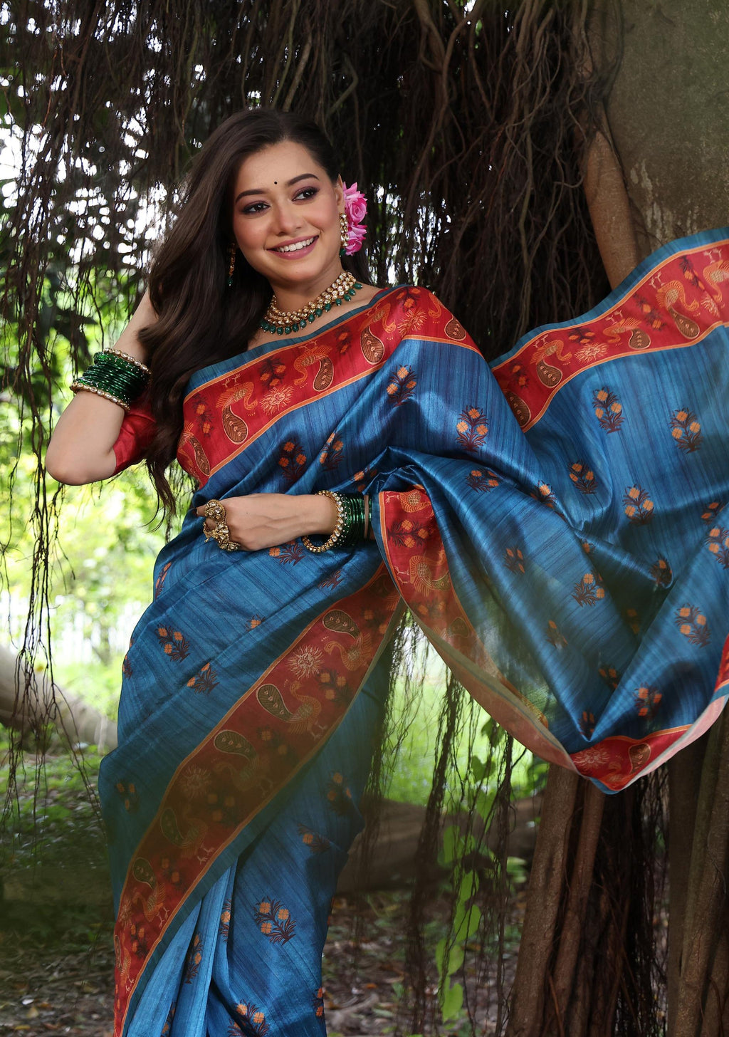 Jyoti Fashion Women's Wine Soft Tussar Silk Peacock Printed Designer Saree with Blouse - Distacart