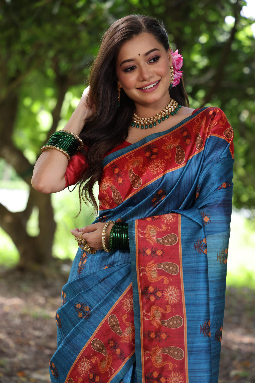 Jyoti Fashion Women's Wine Soft Tussar Silk Peacock Printed Designer Saree with Blouse - Distacart