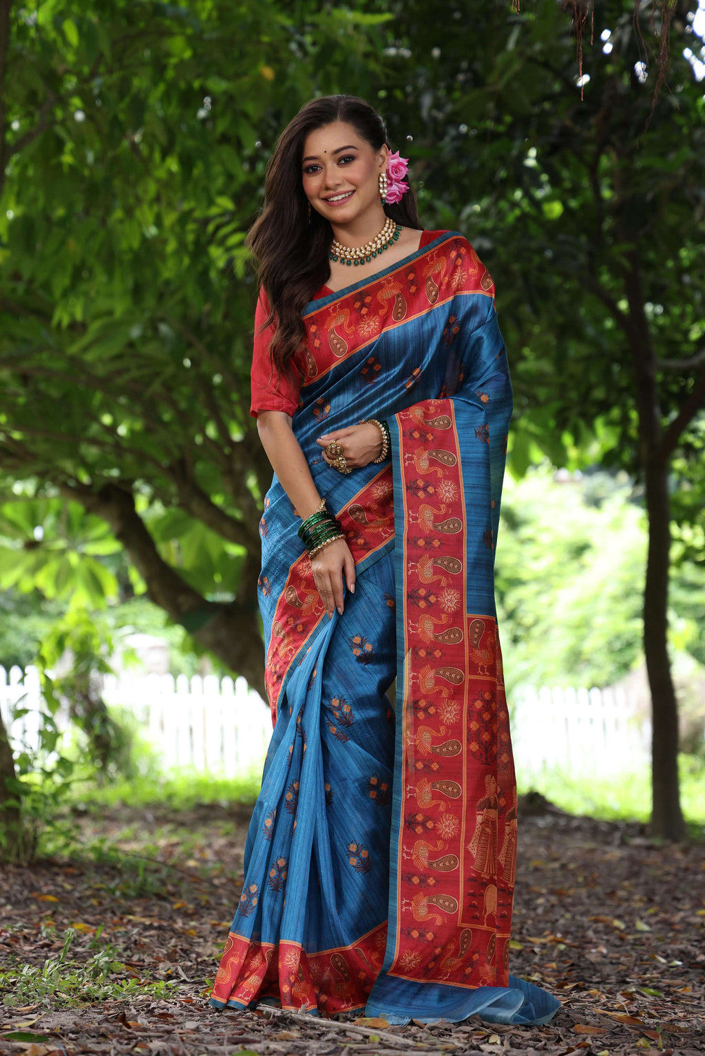 Jyoti Fashion Women's Wine Soft Tussar Silk Peacock Printed Designer Saree with Blouse - Distacart