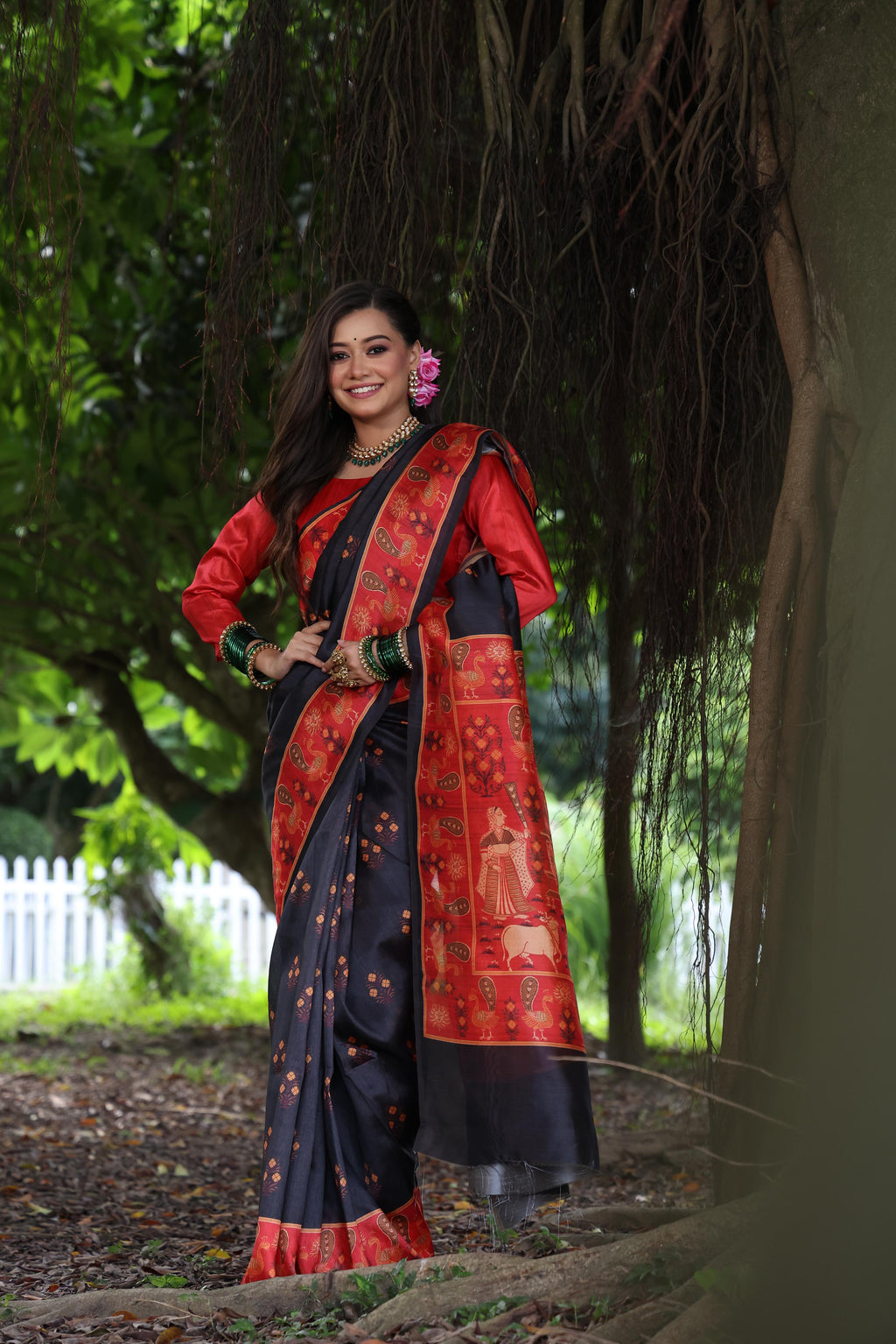 Jyoti Fashion Women's Blue Soft Tussar Silk Peacock Printed Designer Saree with Blouse - Distacart