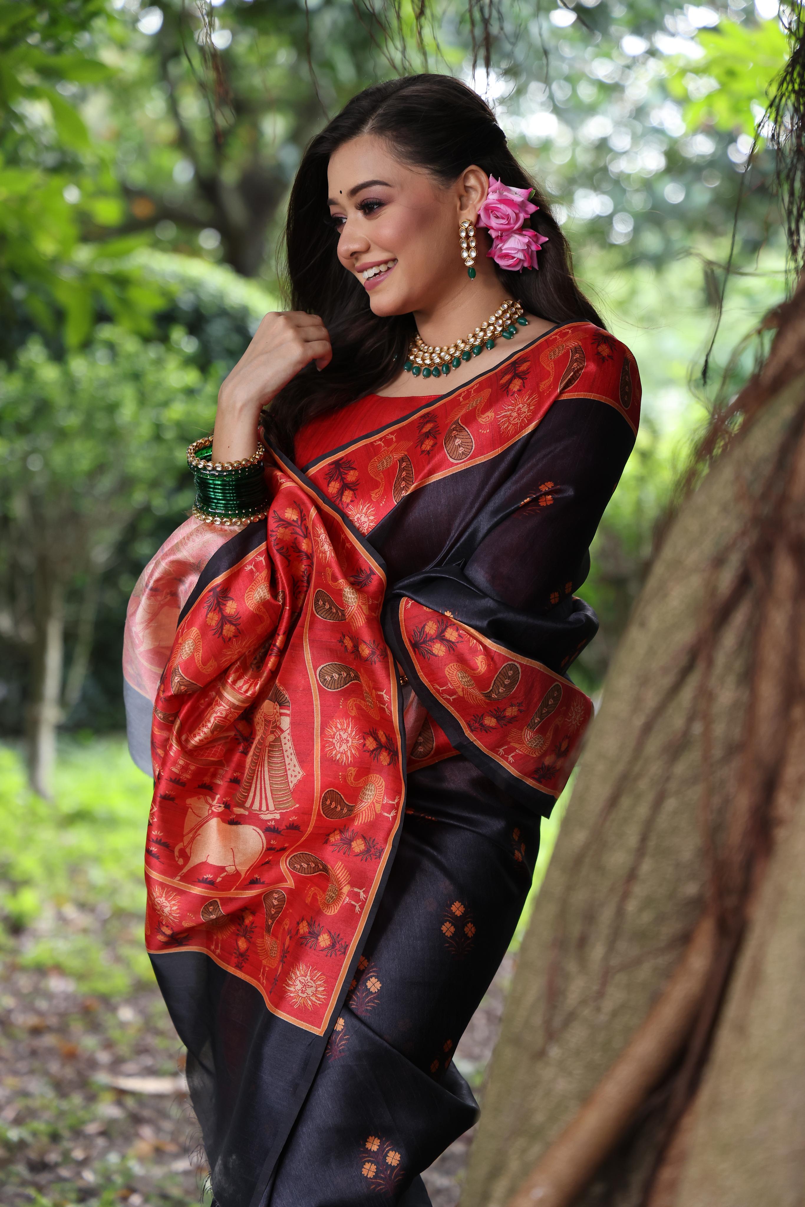 Jyoti Fashion Women's Blue Soft Tussar Silk Peacock Printed Designer Saree with Blouse - Distacart