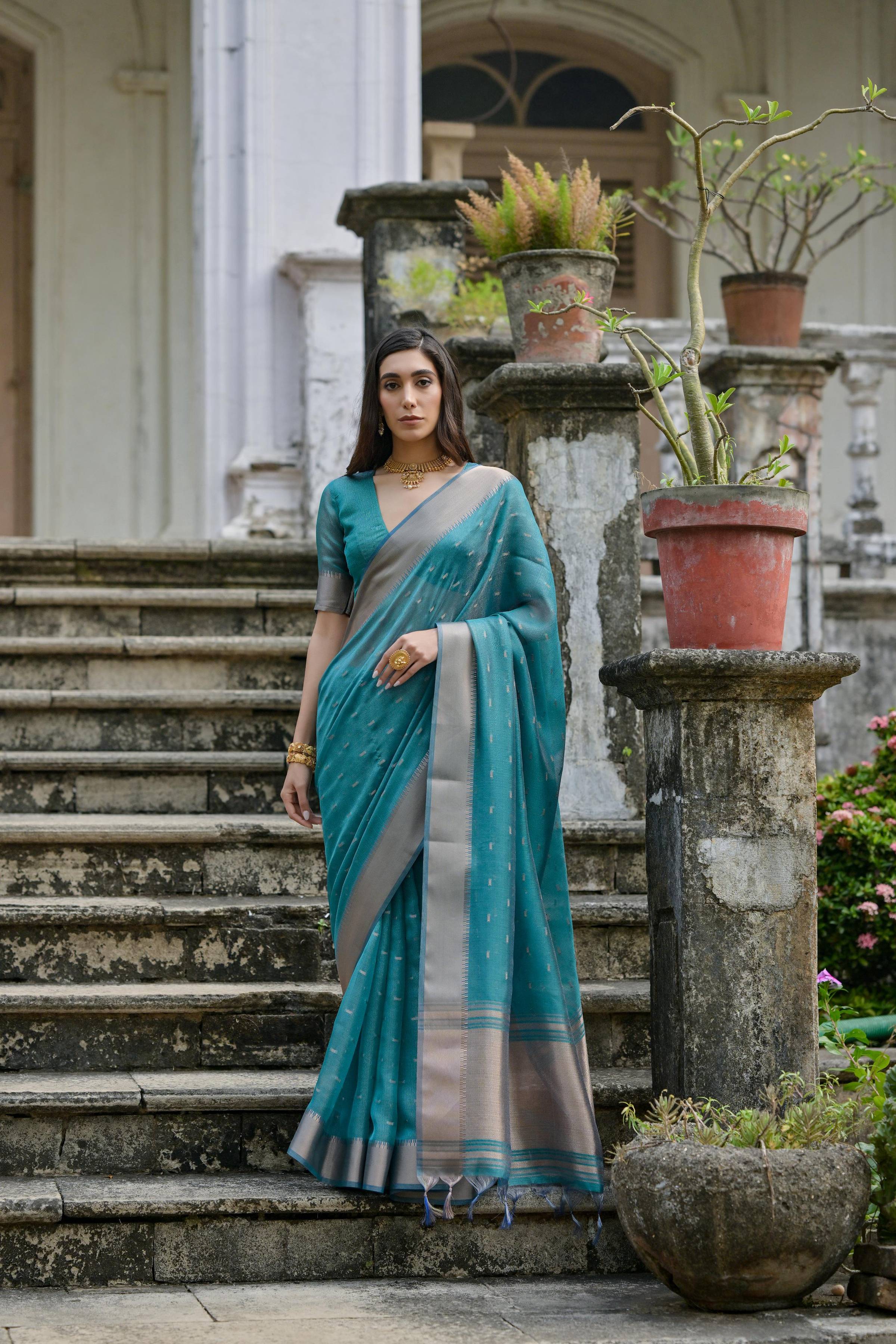 Jyoti Fashion Women's Teal Soft Kalyani Silk Zari Woven Designer Saree with Blouse - Distacart