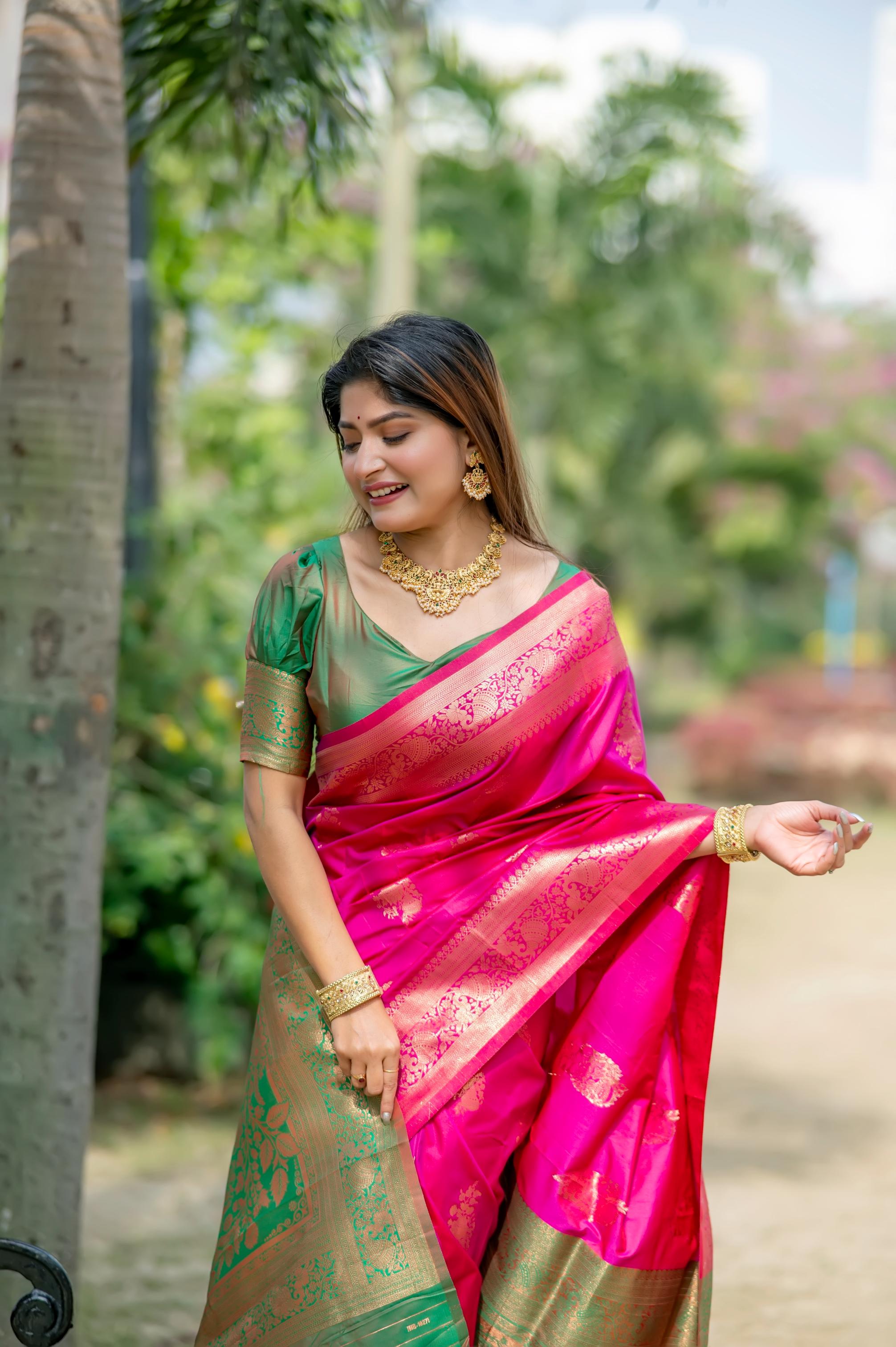 Jyoti Fashion Women's Pink Soft Banarasi Silk Zari Woven Saree with Blouse - Distacart