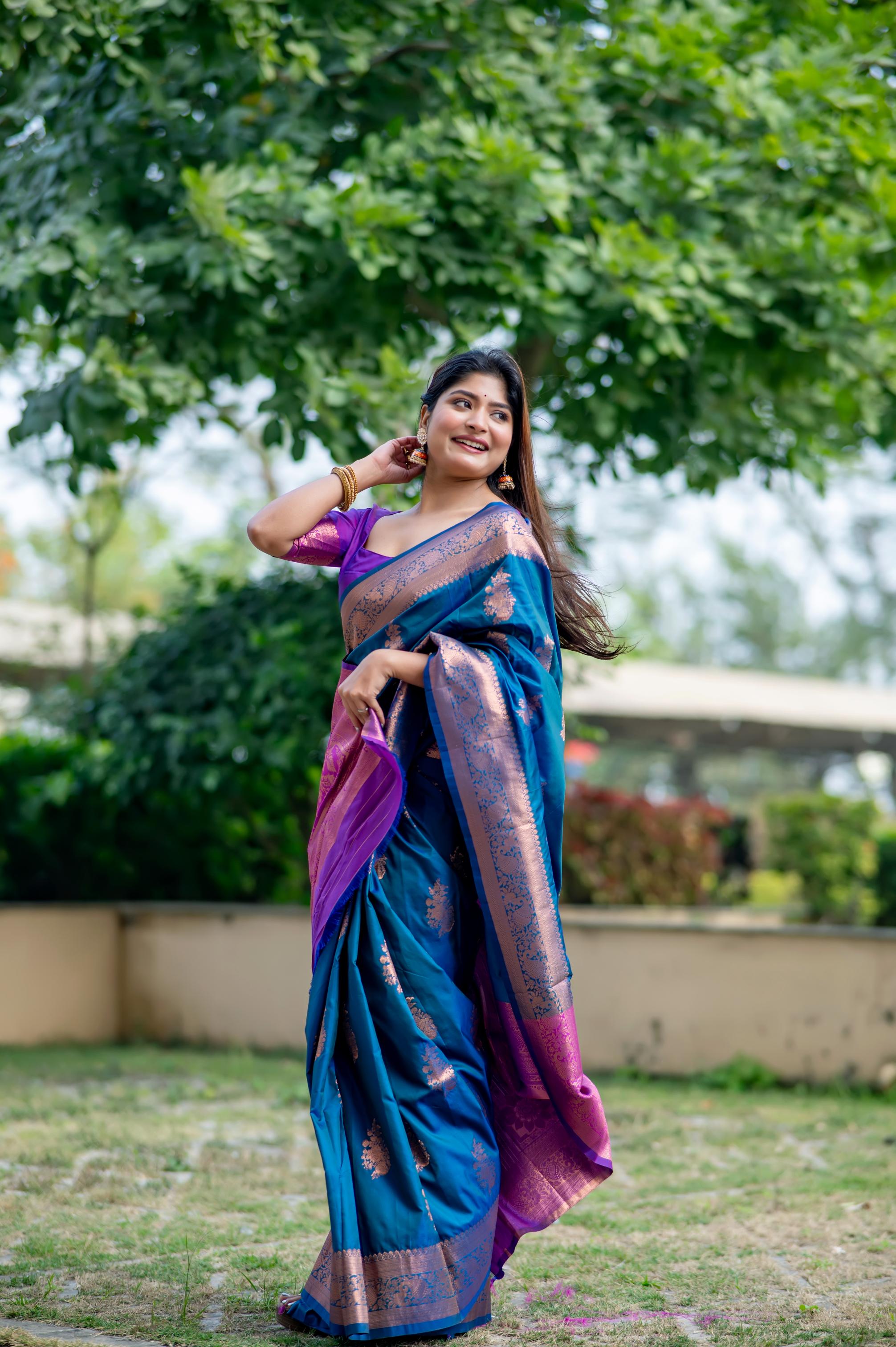 Jyoti Fashion Women's Blue Soft Banarasi Silk Zari Woven Saree with Blouse - Distacart