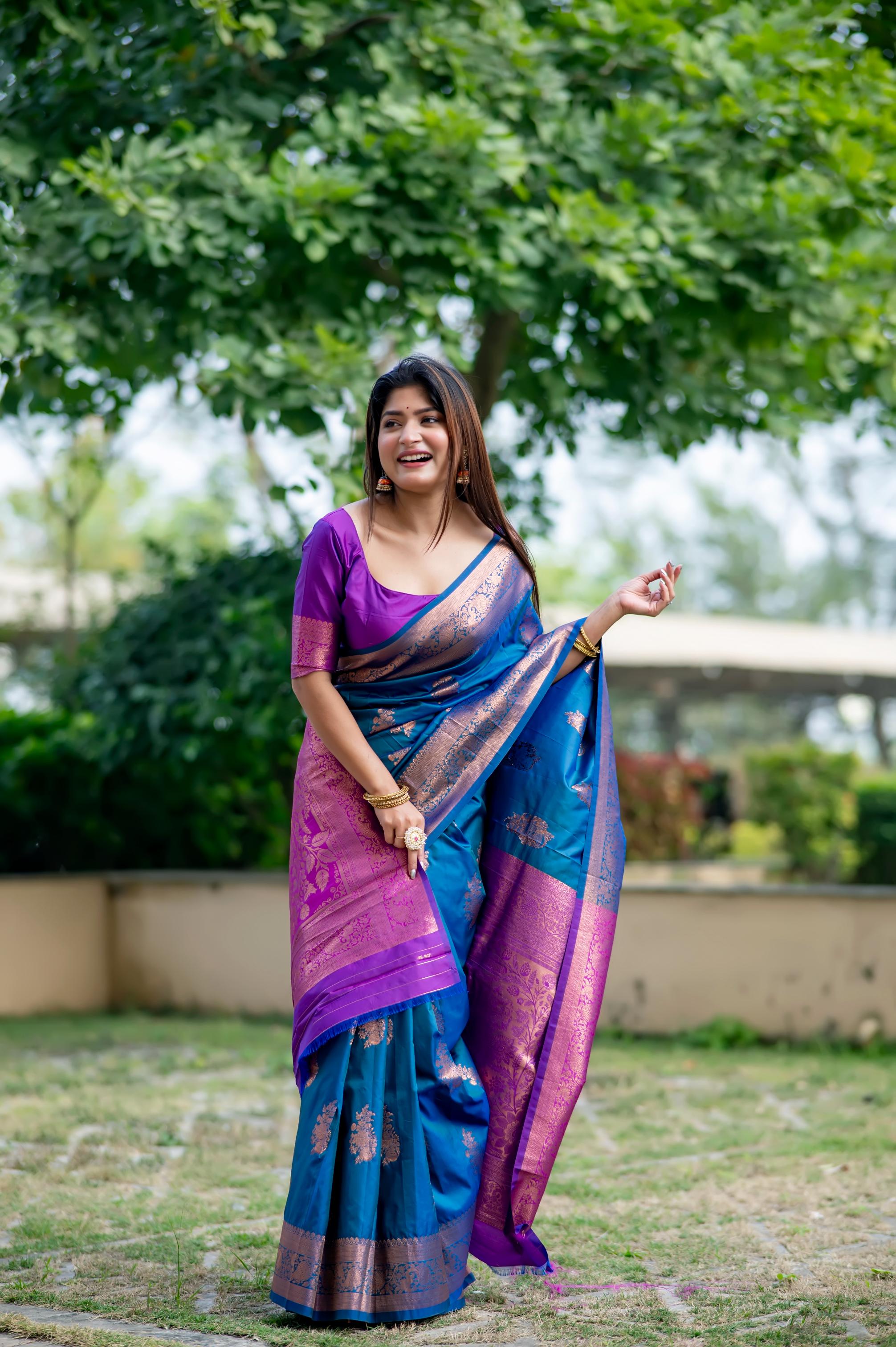Jyoti Fashion Women's Blue Soft Banarasi Silk Zari Woven Saree with Blouse - Distacart