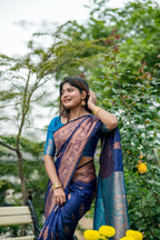 Jyoti Fashion Women's Navy Blue Soft Banarasi Silk Zari Woven Saree with Blouse - Distacart