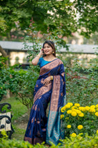 Jyoti Fashion Women's Navy Blue Soft Banarasi Silk Zari Woven Saree with Blouse - Distacart