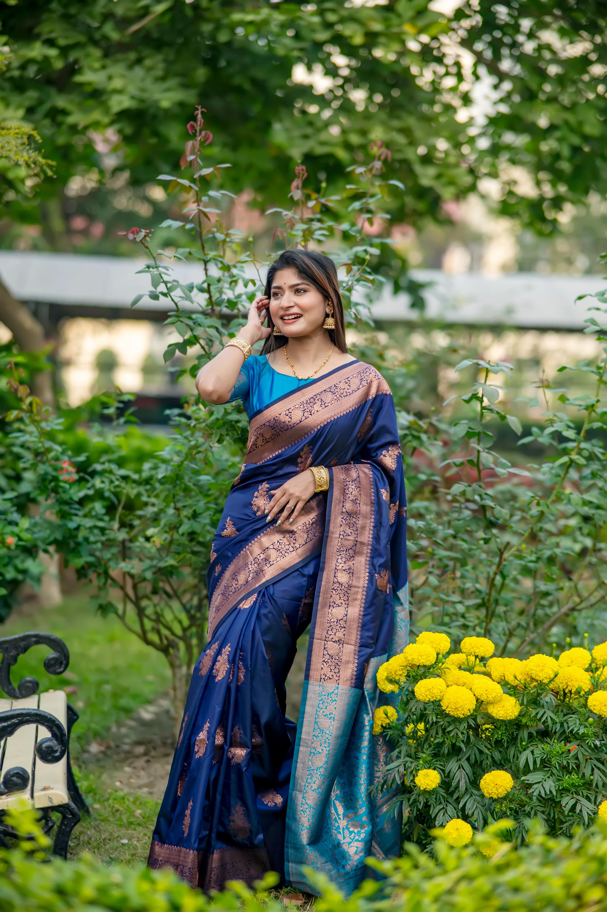 Jyoti Fashion Women's Navy Blue Soft Banarasi Silk Zari Woven Saree with Blouse - Distacart