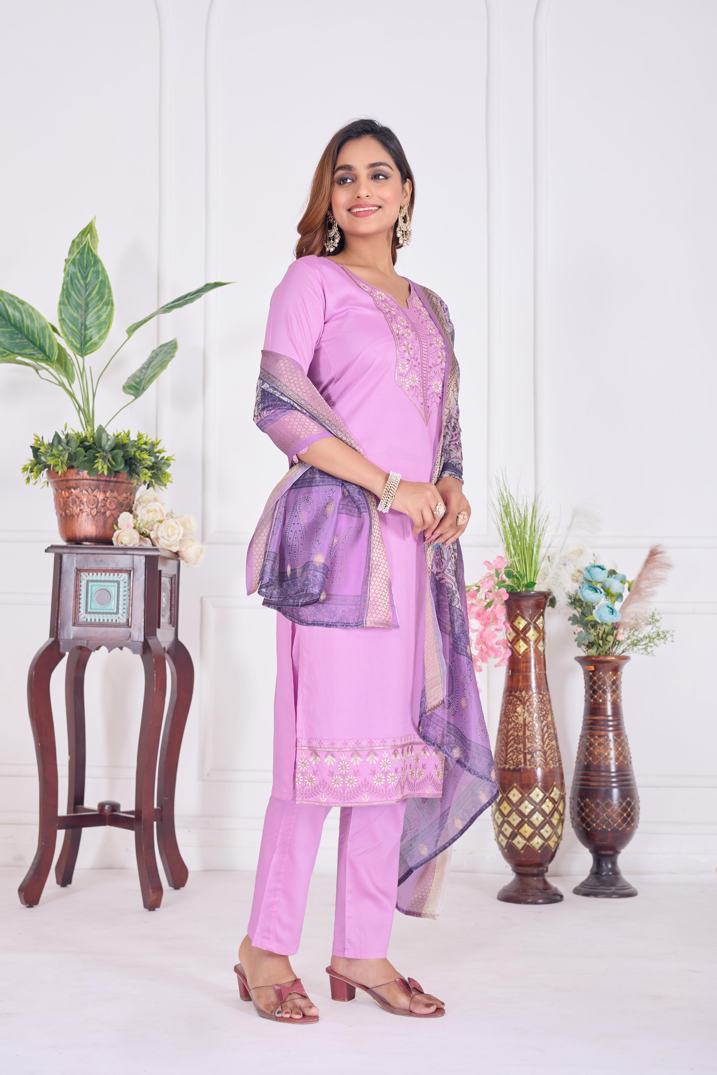 Jyoti Fashion Women's Lavender Cotton Embroidered Designer Kurta Set with Dupatta - Distacart