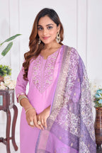 Jyoti Fashion Women's Lavender Cotton Embroidered Designer Kurta Set with Dupatta - Distacart