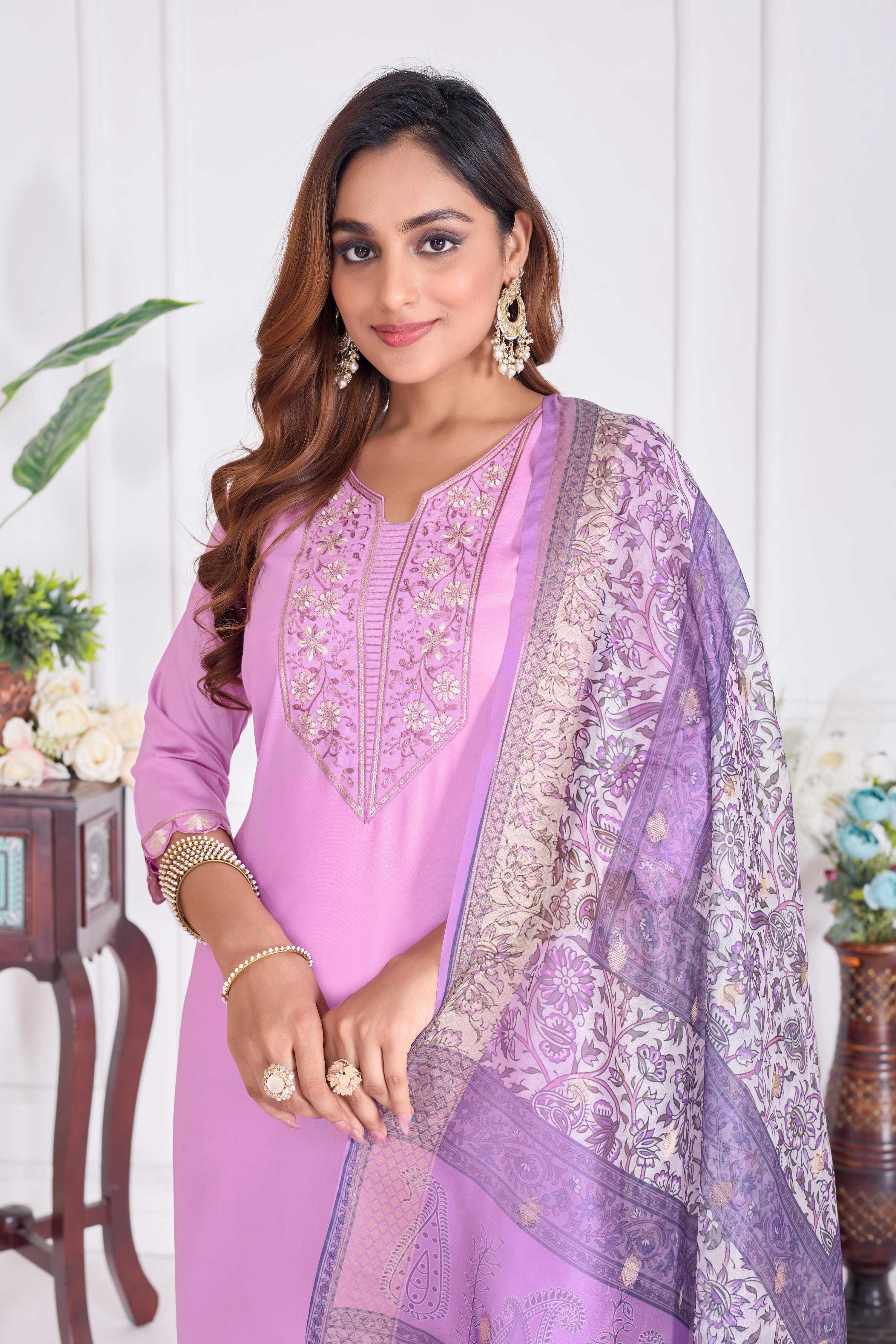 Jyoti Fashion Women's Lavender Cotton Embroidered Designer Kurta Set with Dupatta - Distacart