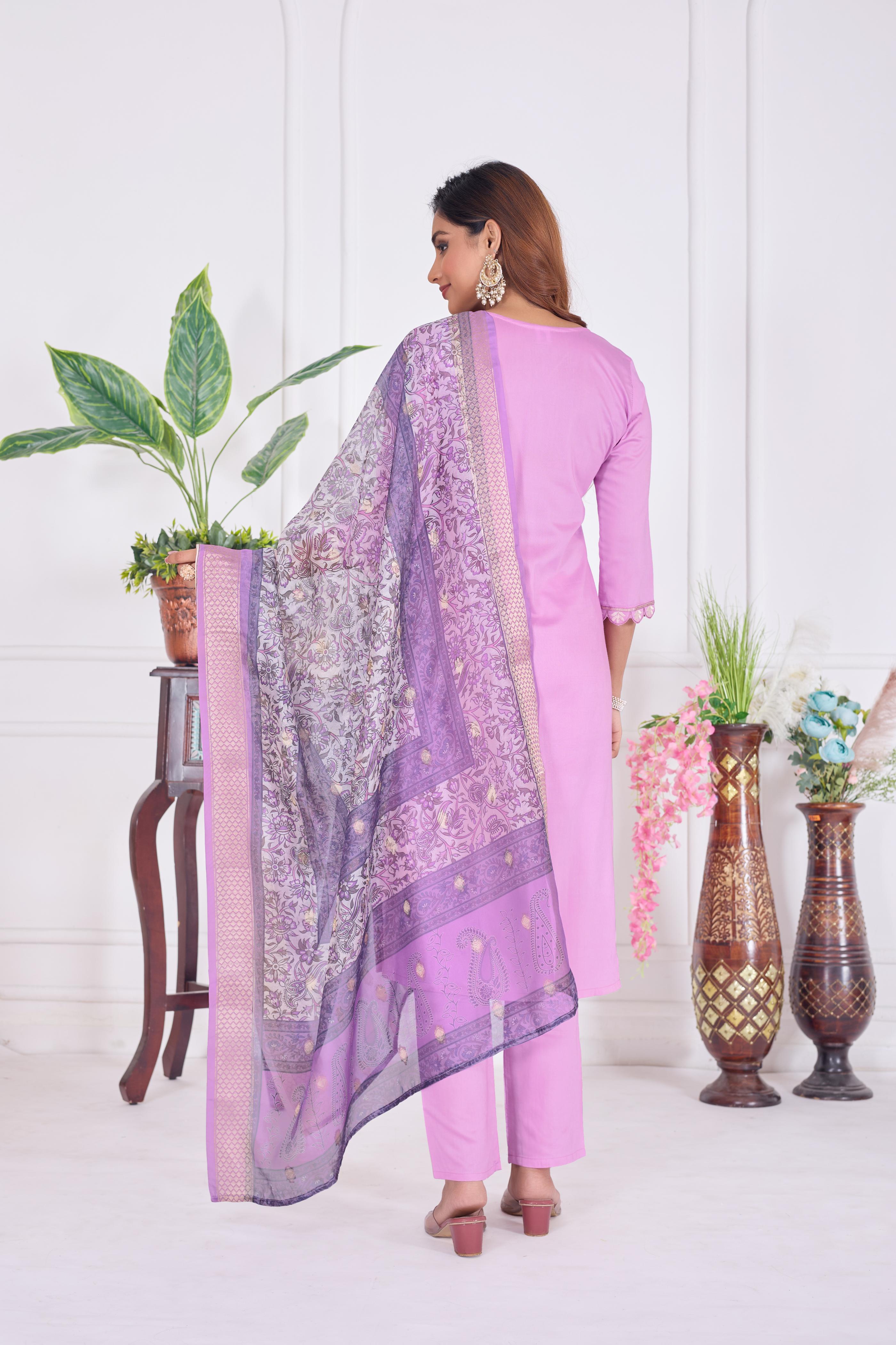 Jyoti Fashion Women's Lavender Cotton Embroidered Designer Kurta Set with Dupatta - Distacart