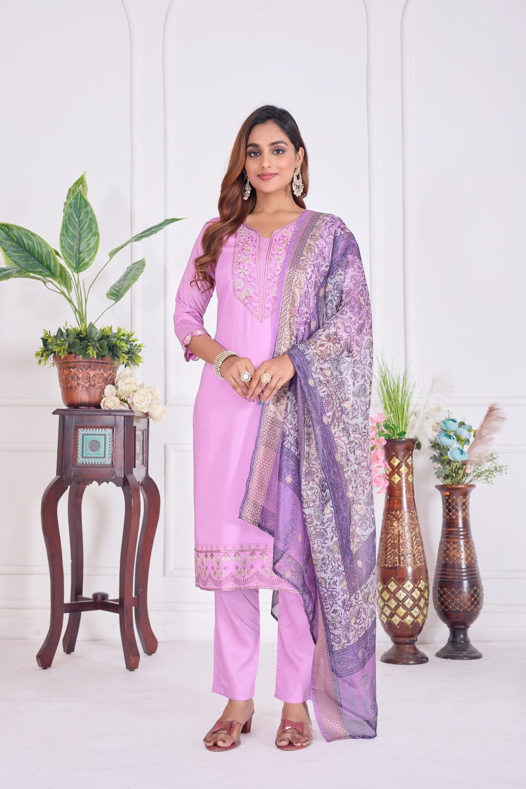 Jyoti Fashion Women's Lavender Cotton Embroidered Designer Kurta Set with Dupatta - Distacart