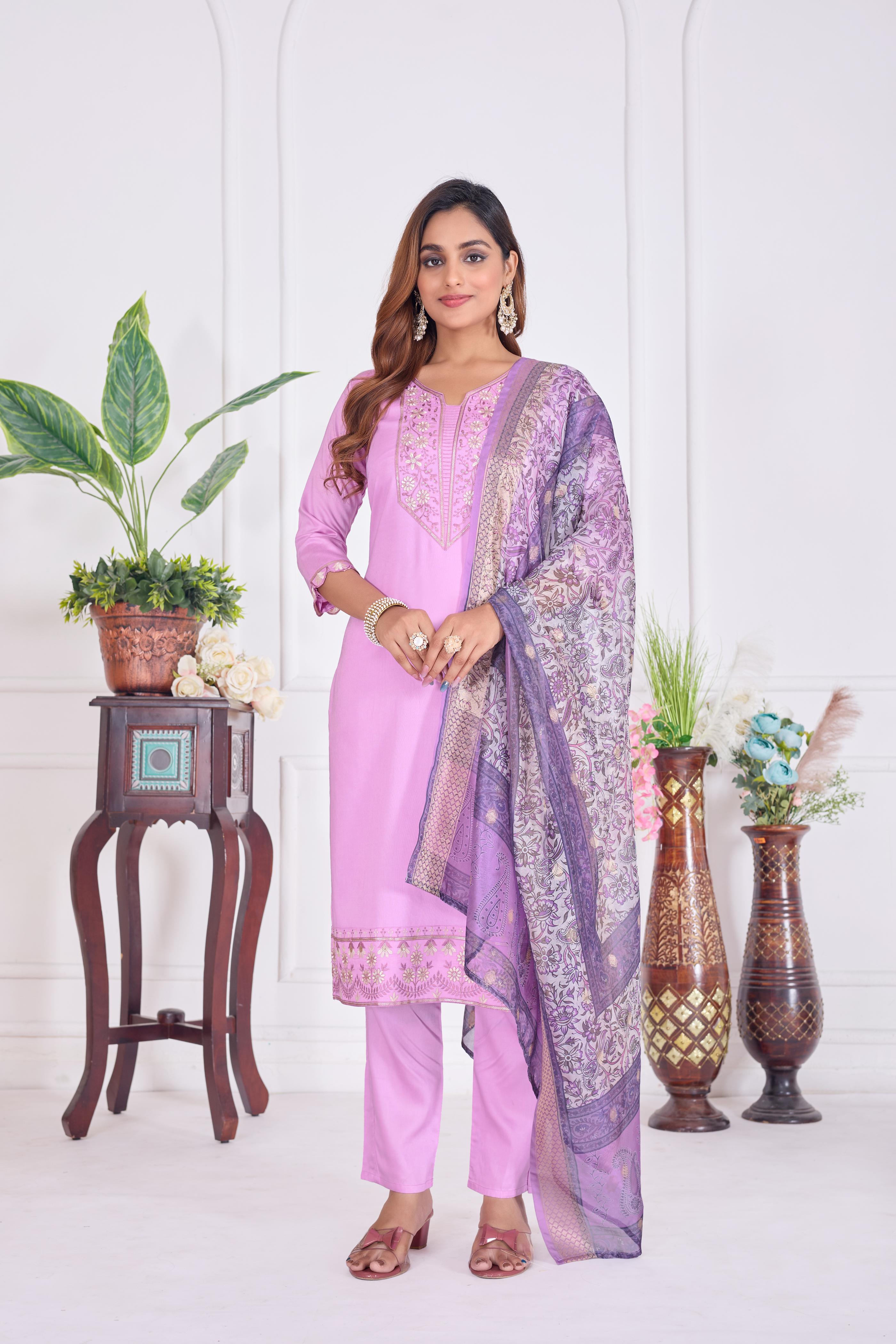 Jyoti Fashion Women's Lavender Cotton Embroidered Designer Kurta Set with Dupatta - Distacart