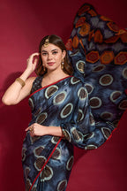 Jyoti Fashion Women's Navy Blue Emboss Foil Printed Soft Silk Saree with Blouse - Distacart