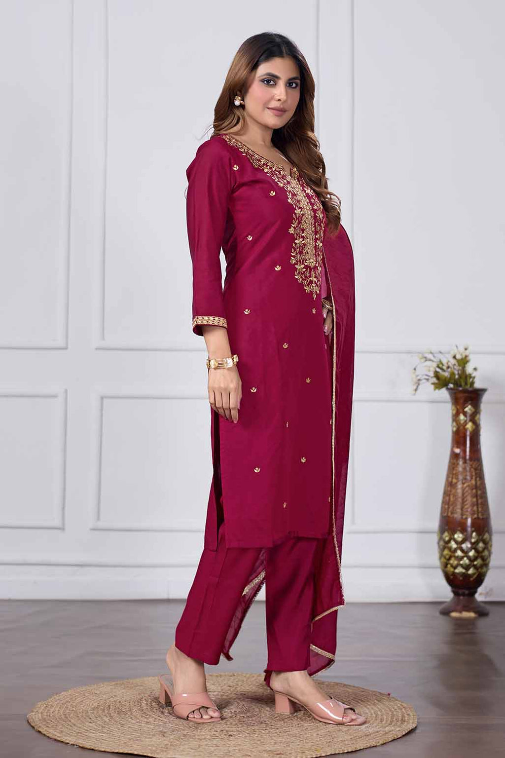 Jyoti Fashion Women's Maroon Chanderi Cotton Embroidered Designer Kurta Set with Dupatta