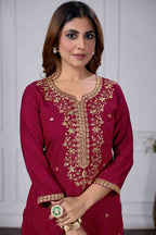 Jyoti Fashion Women's Maroon Chanderi Cotton Embroidered Designer Kurta Set with Dupatta