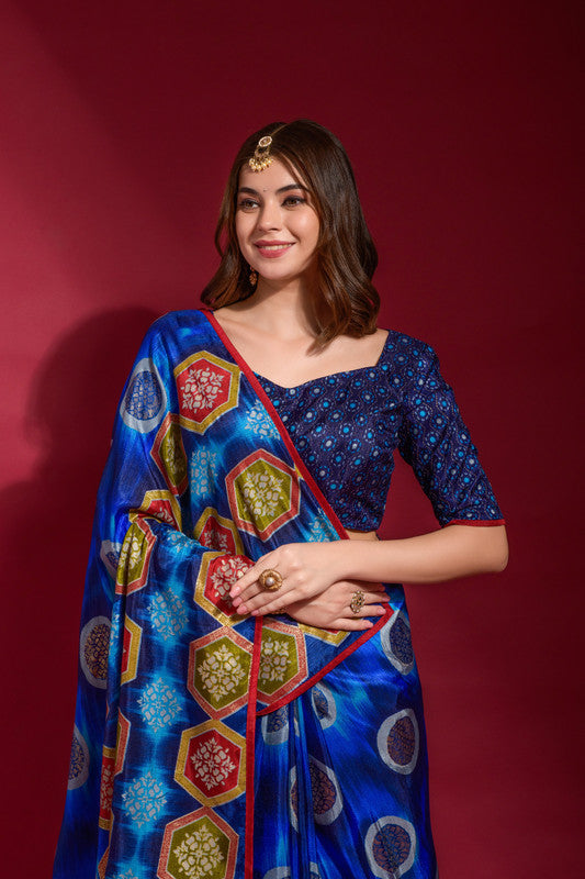 Jyoti Fashion Women's Royal Blue Emboss Foil Printed Soft Silk Saree with Blouse - Distacart