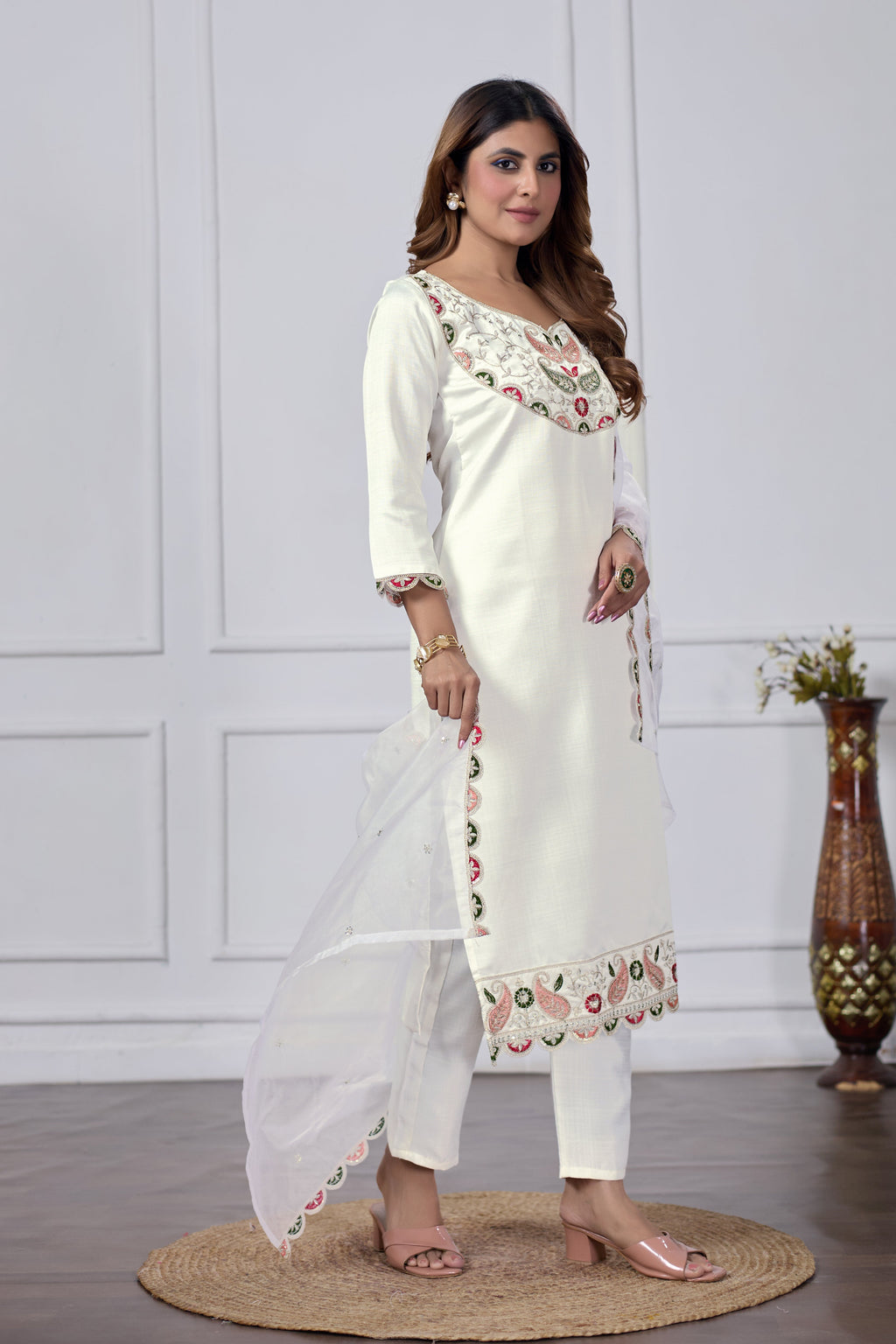 Jyoti Fashion Women's White Cotton Embroidered Designer Kurta Set with Dupatta - Distacart