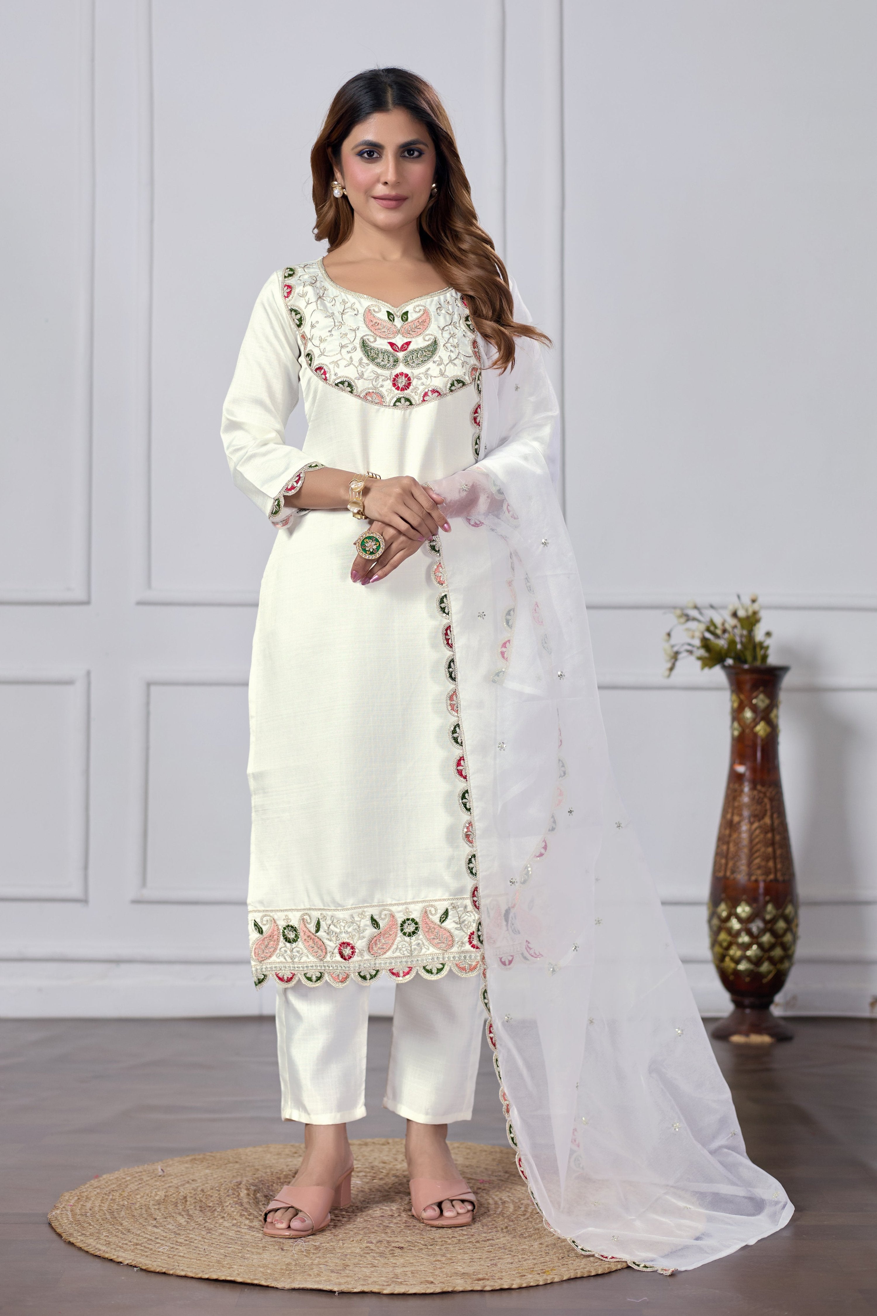 Jyoti Fashion Women's White Cotton Embroidered Designer Kurta Set with Dupatta - Distacart