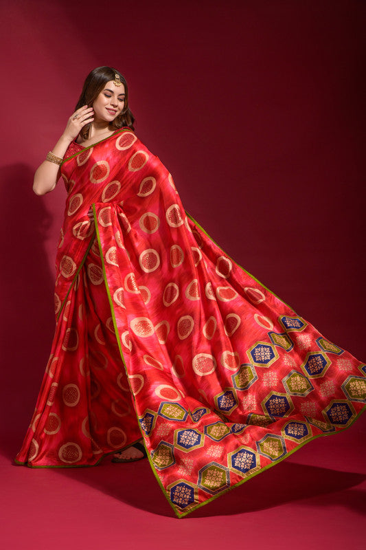 Jyoti Fashion Women's Red Emboss Foil Printed Soft Silk Saree with Blouse