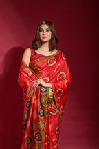 Jyoti Fashion Women's Red Emboss Foil Printed Soft Silk Saree with Blouse