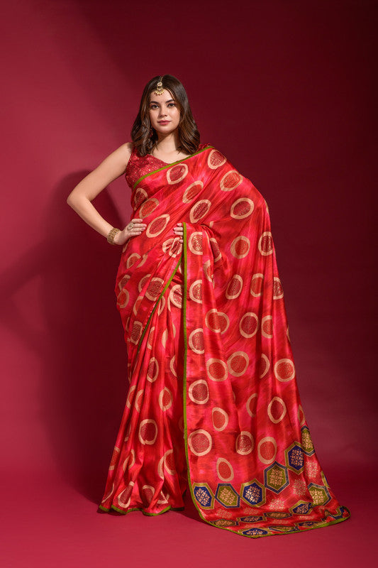 Jyoti Fashion Women's Red Emboss Foil Printed Soft Silk Saree with Blouse