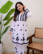 Jyoti Fashion Women's White Rayon Slub Embroidered Designer Kurti with Plazo - Distacart