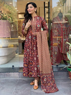 Jyoti Fashion Women's Maroon Rayon Slub Floral Printed Designer Kurta Set with Dupatta - Distacart